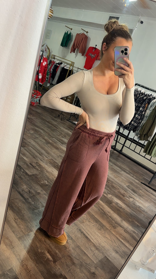 All Cozy Vibes Wide Leg Pants - Washed Cabernet