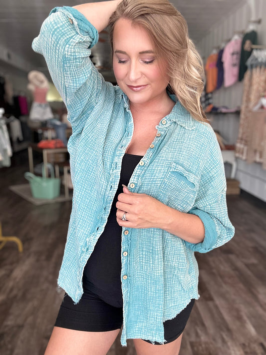 In the Details Gauze Button Down - Dusty Teal
