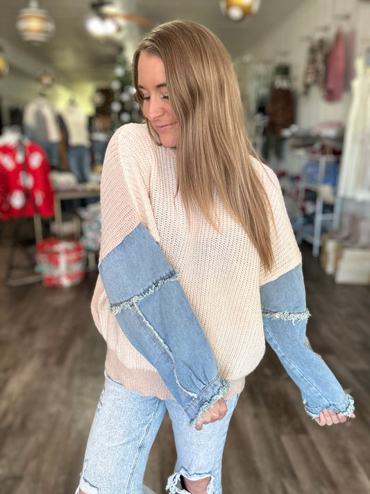 Hitch A Ride Denim Sleeve Sweater