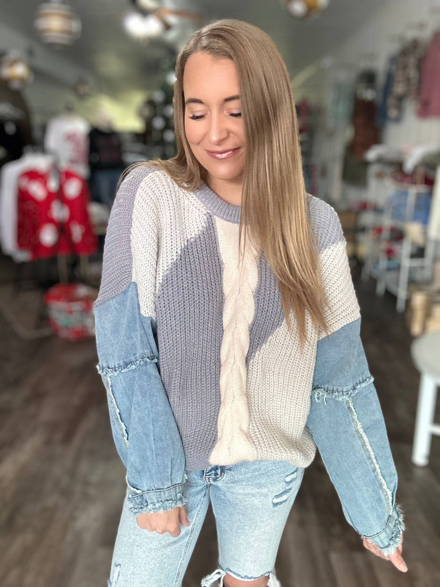 On Your Mind Denim Sleeve Sweater