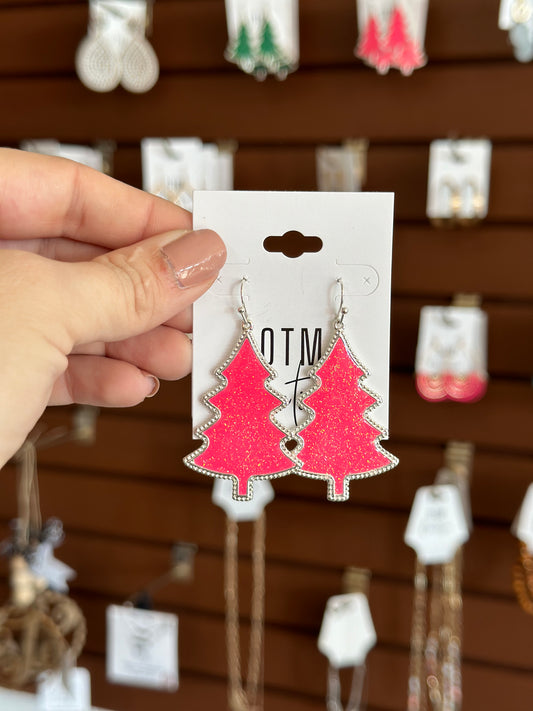 Hot Pink Christmas Tree Dangle Earrings