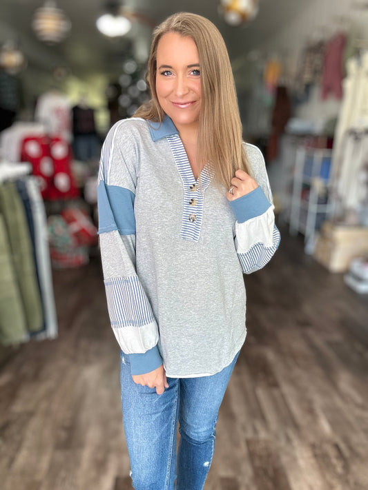 My Best Day Color Block Pullover - Grey/Blue