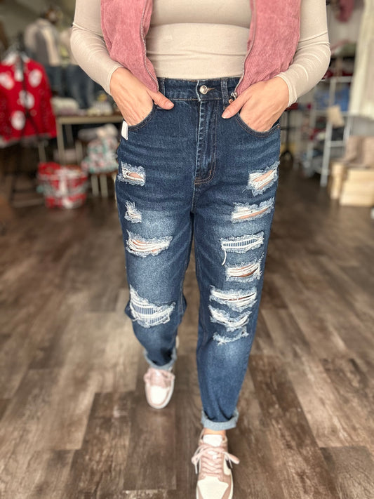 Katie Elastic Waistband Rip & Repair Denim